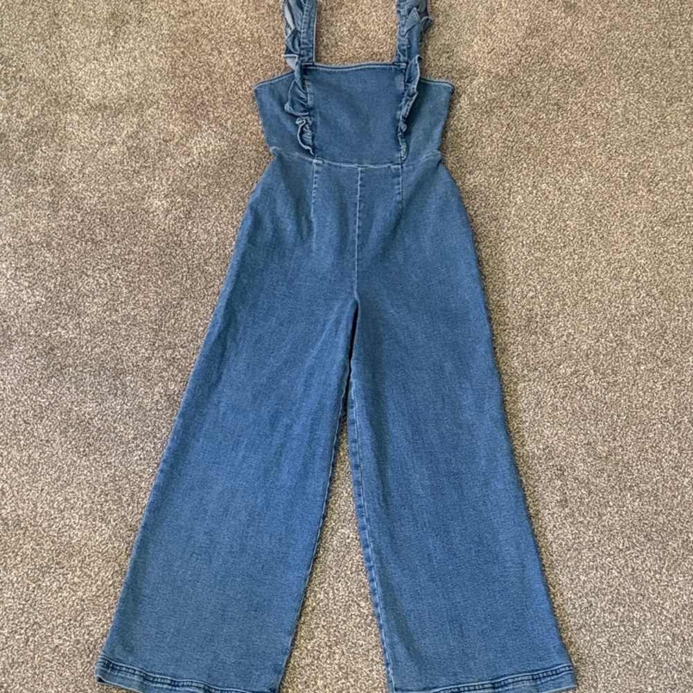 UO BDG xs cute Denim jumpsuit with Ruffle Straps straight wide legs